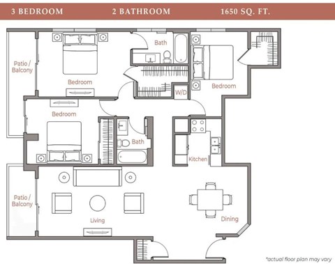 A floor plan of a 1650 square foot home with three bedrooms, two bathrooms, a living room, a dining room, and a kitchen.
